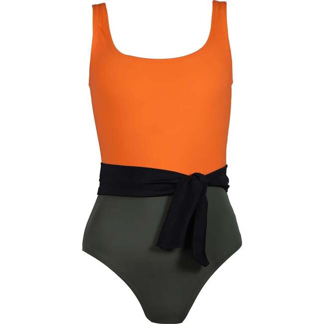 Valeria Sleeveless Scoop Neck Tie Belt Swimsuit, Orange & Navy Green