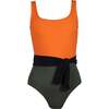 Valeria Sleeveless Scoop Neck Tie Belt Swimsuit, Orange & Navy Green - One Pieces - 1 - thumbnail