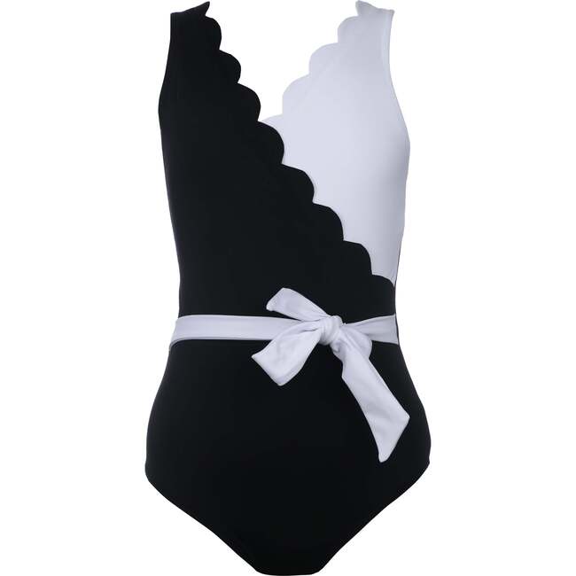 Yuki Scalloped V-Neck 2-Tone Belted Swimsuit, Black & White