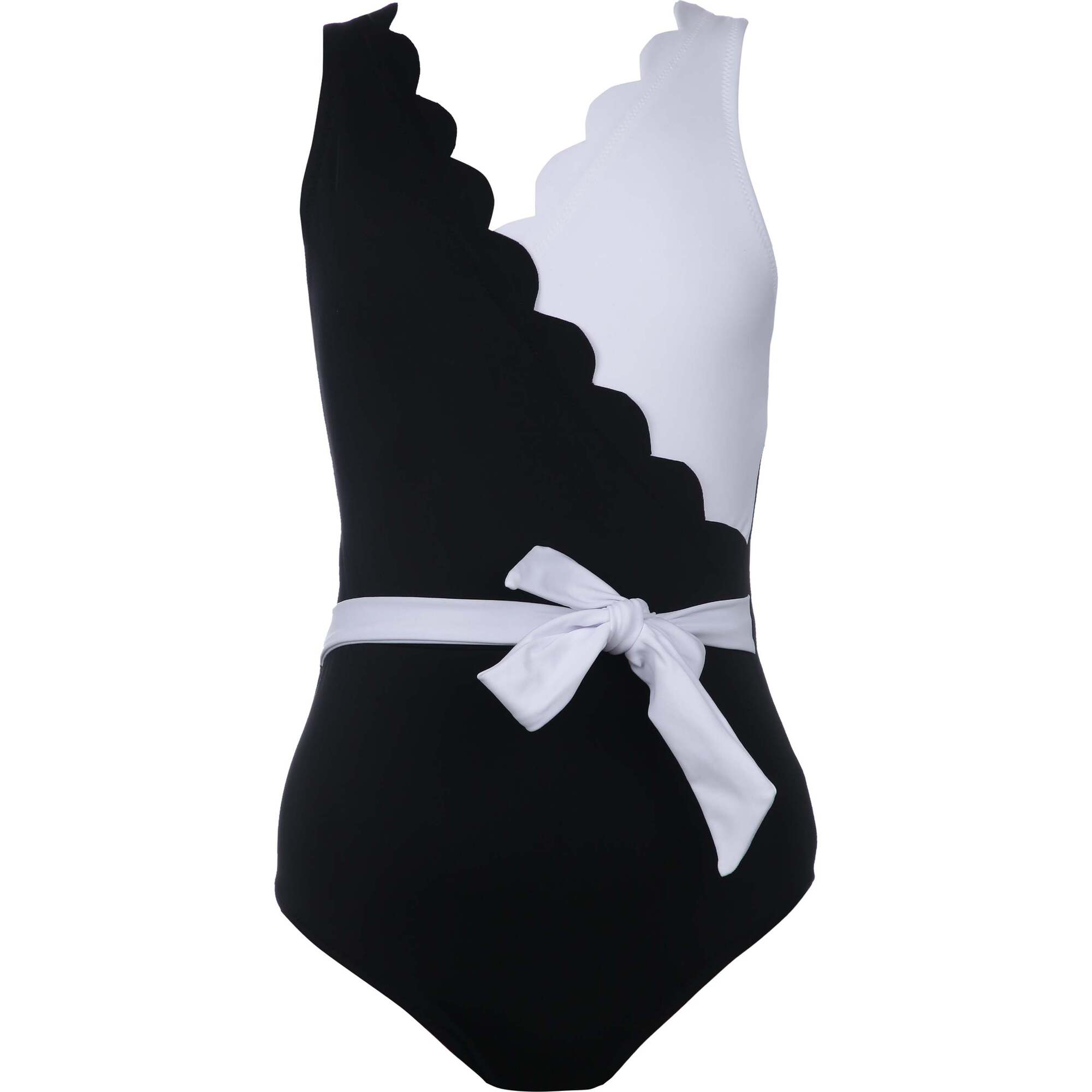 Yuki Scalloped V-Neck 2-Tone Belted Swimsuit, Black & White - One Pieces - 1