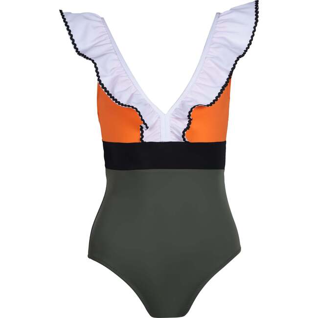 Zuma Contrast Ruffle V-Neck Swimsuit, Orange & Navy Green