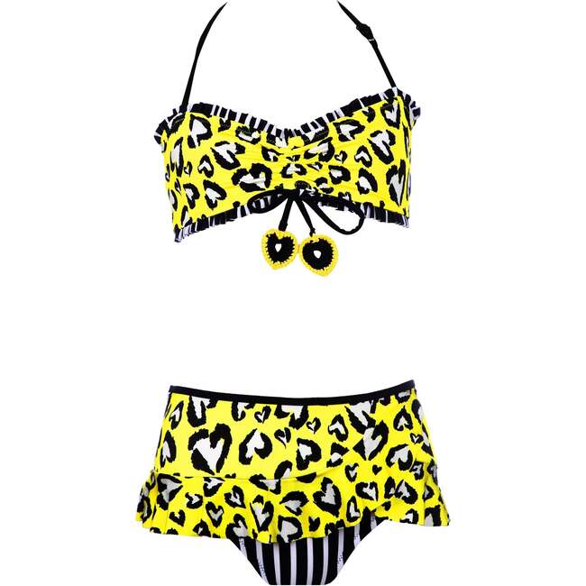 Rossi Heart Print Striped Sleeveless Ruffle 2-Piece Bikini, Yellow & Black