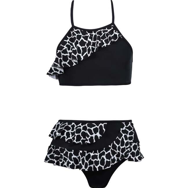 Tinto Print Halter Neck Ruffled 2-Piece Bikini Swimsuit, Black & White