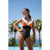 Zuma Contrast Ruffle V-Neck Swimsuit, Orange & Navy Green - One Pieces - 2