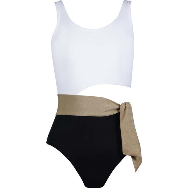 Malibu Sleeveless Round Neck Tie Belt Cut-Out Swimsuit, Black & White