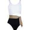 Malibu Sleeveless Round Neck Tie Belt Cut-Out Swimsuit, Black & White - One Pieces - 1 - thumbnail