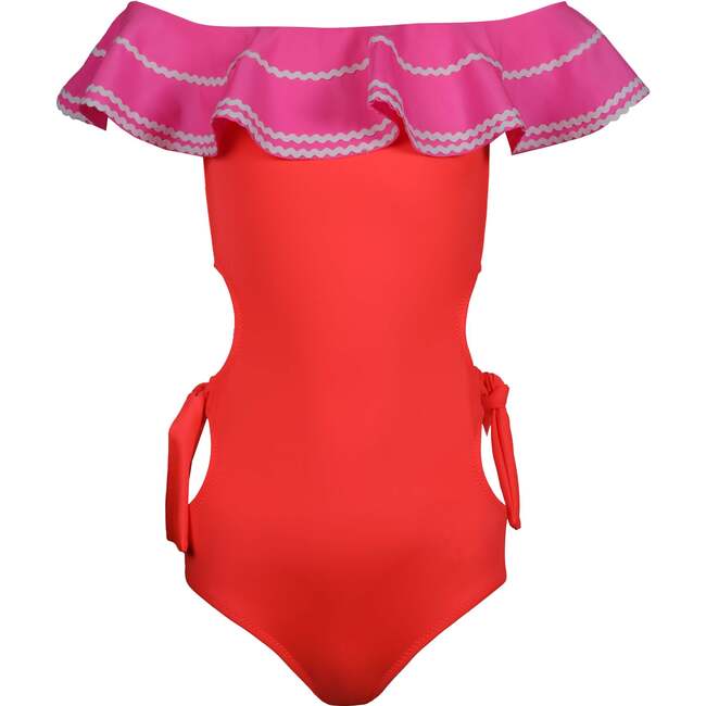 Milena Contrast Ruffle On & Off-Shoulder Cut-Out Swimsuit, Neon Pink & Red