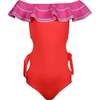 Milena Contrast Ruffle On & Off-Shoulder Cut-Out Swimsuit, Neon Pink & Red - One Pieces - 1 - thumbnail