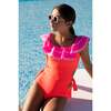 Milena Contrast Ruffle On & Off-Shoulder Cut-Out Swimsuit, Neon Pink & Red - One Pieces - 2