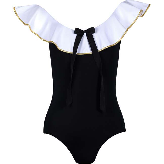 Josie Contrast Ruffle On & Off-Shoulder Bow Swimsuit, Black & White