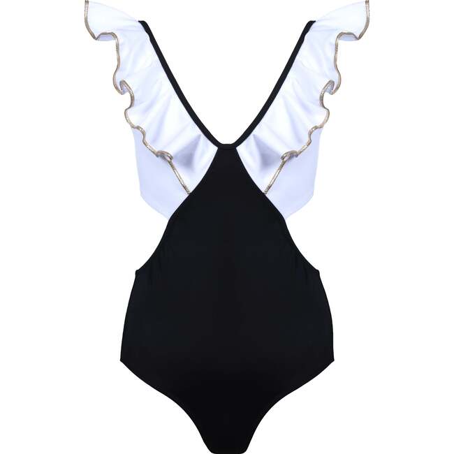 Lila Ruffle V-Neck Cut-Out Swimsuit, White & Black