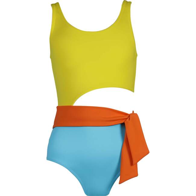 Kylie Sleeveless Cut-Out Belted Swimsuit, Yellow & Blue