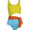 Kylie Sleeveless Cut-Out Belted Swimsuit, Yellow & Blue - One Pieces - 1 - thumbnail