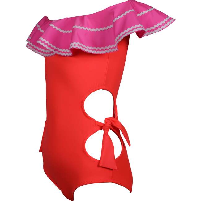 Milena Contrast Ruffle On & Off-Shoulder Cut-Out Swimsuit, Neon Pink & Red - One Pieces - 4