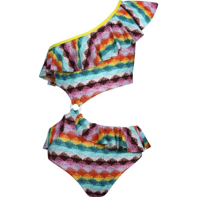 Camelia Knit Ruffle One-Shoulder & Waist Cut-Out Swimsuit, Multicolors
