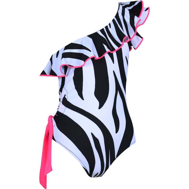 Helen Zebra Print Ruffle One-Shoulder Contrast Trim Swimsuit, Black & White