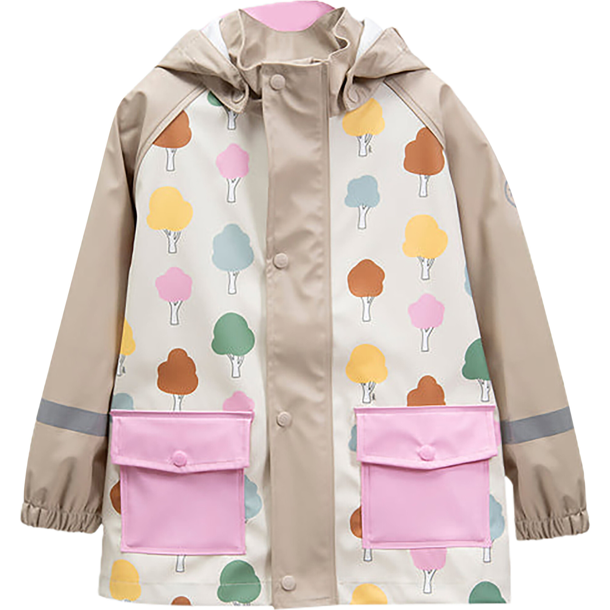 Tree Print Rain Hooded Jacket, Beige - Raincoats - 1