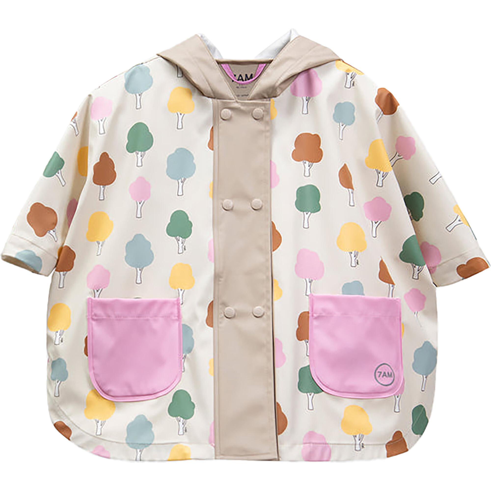 Tree Print Rain Hooded Poncho, Beige - Raincoats - 1