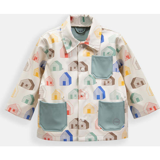 House Print Rain Worker Jacket, Teal - Raincoats - 2