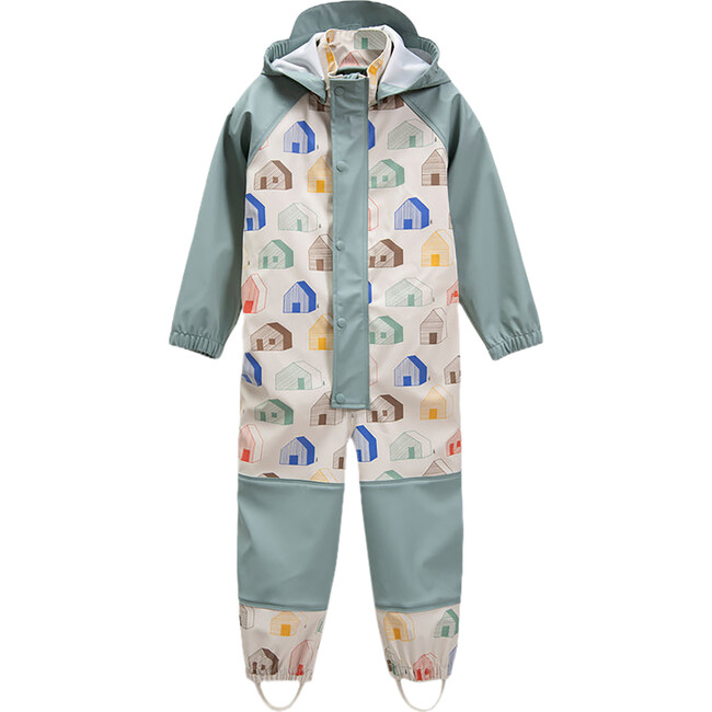House Print Rain Coverall Jumpsuit, Teal