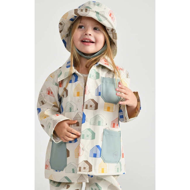 House Print Rain Worker Jacket, Teal - Raincoats - 7