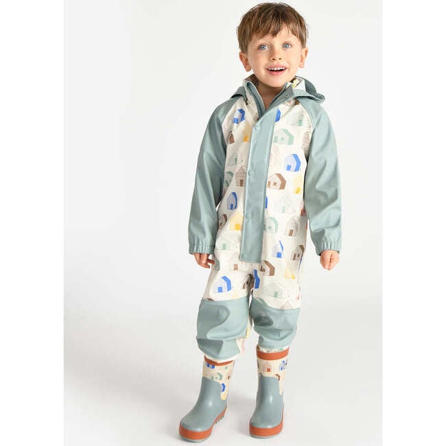 House Print Rain Coverall Jumpsuit, Teal - Raincoats - 6