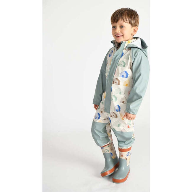 House Print Rain Coverall Jumpsuit, Teal - Raincoats - 7