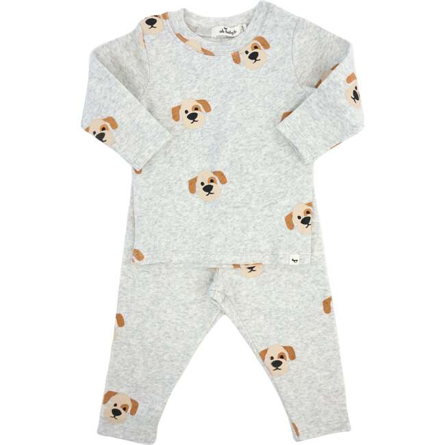 Puppy Face Print Two Piece Set, Heather Gray