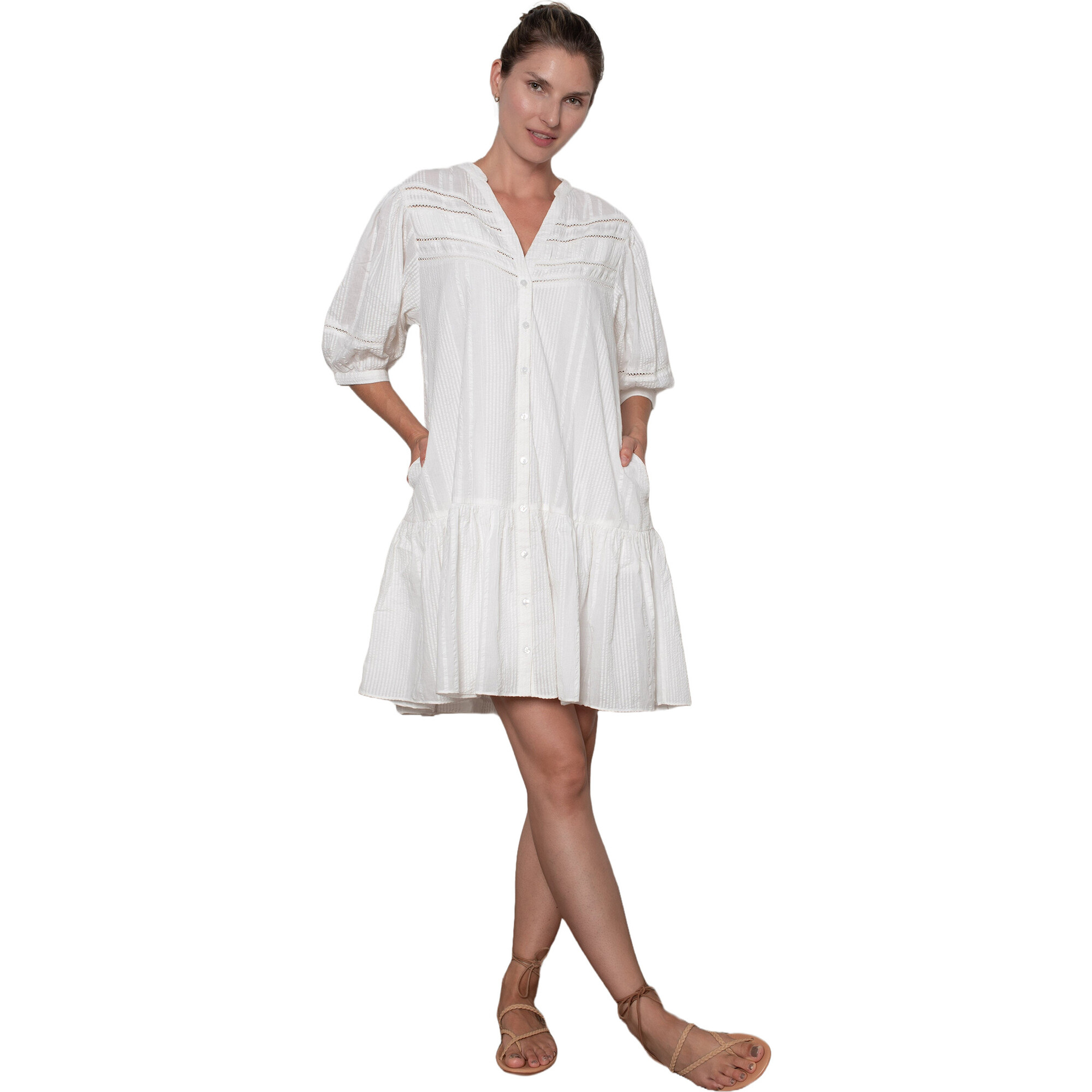 Women's Pippa Seersucker Ruffle Hem Short Dress, White - Dresses - 1