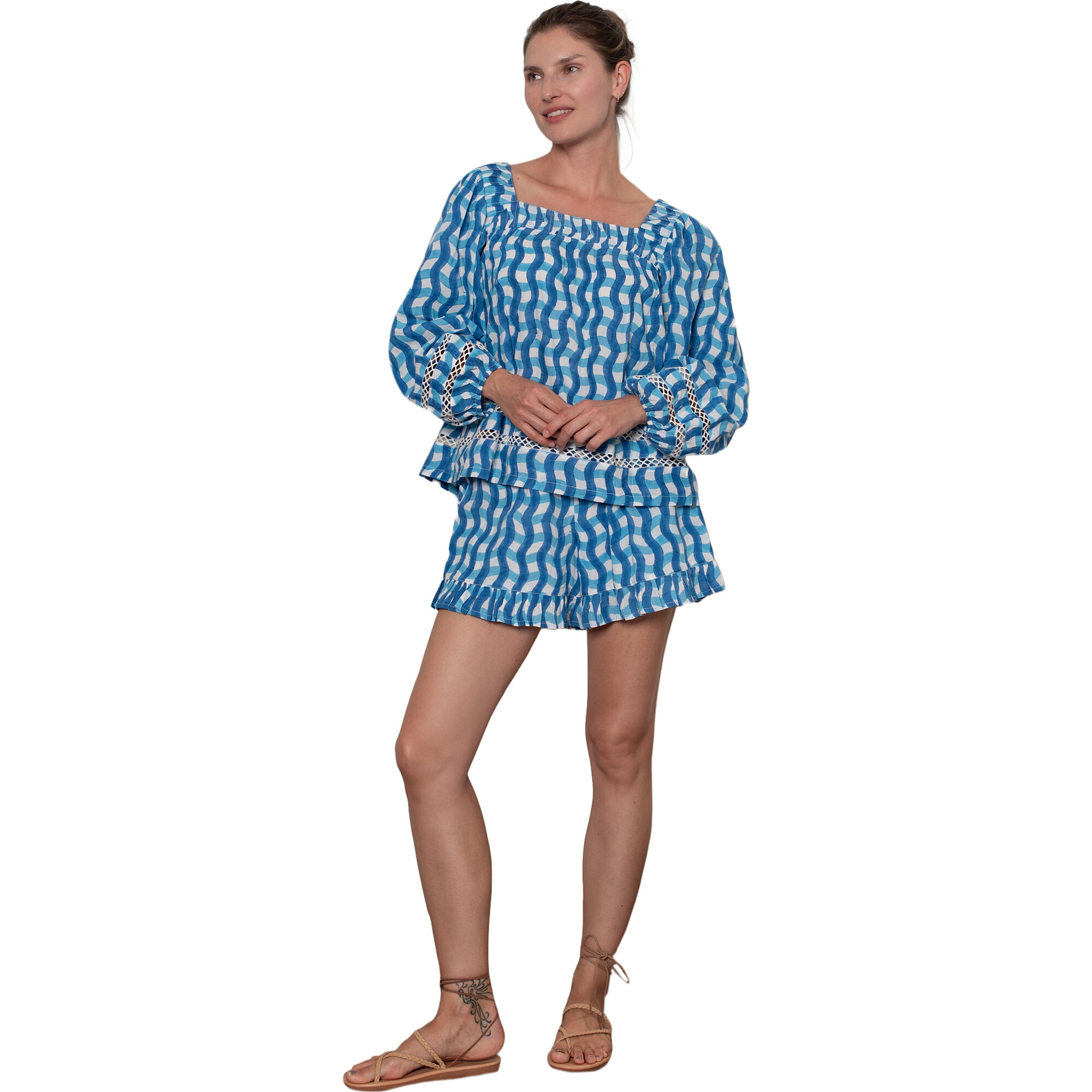 Women's Violet Square Neck Long Puff Sleeve Top, Blue - Shirts - 1