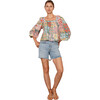 Women's Martha Square Neck Long Puff Sleeve Top, Geo Pastel - Shirts - 1 - thumbnail