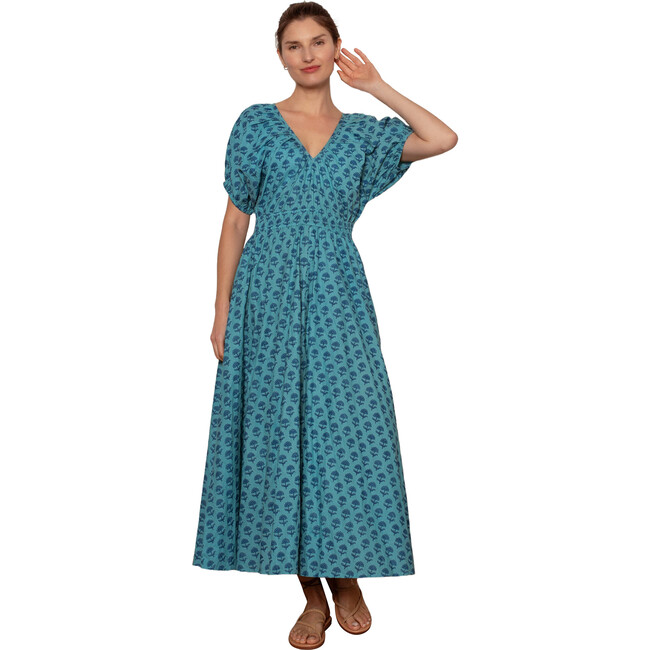 Women's Lucy V-Neck Puff Sleeve Smocked Waist Dress, Blue