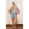 Women's Martha Square Neck Long Puff Sleeve Top, Geo Pastel - Shirts - 3