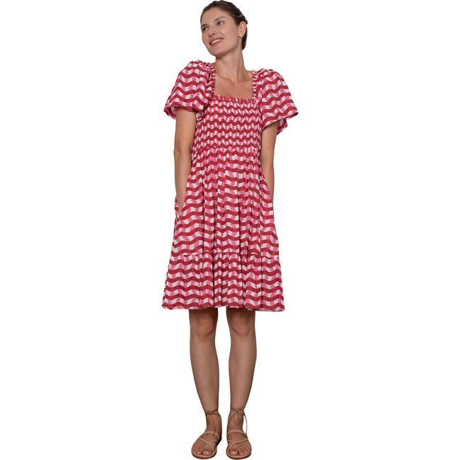Women's Delilah Stripes Smocked Bodice Dress, Red & Pink