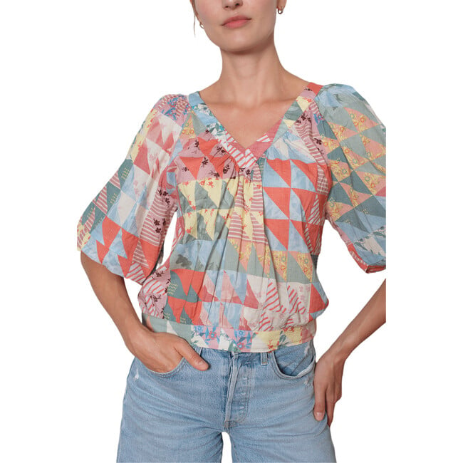 Women's Coco Deep V-Neck Short Puff Sleeve Top, Pastel Geo - Shirts - 3