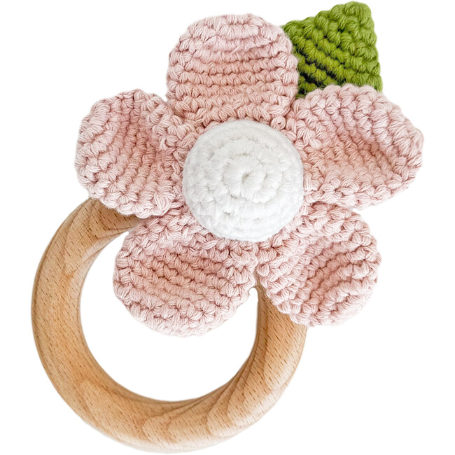 Cotton Crochet Baby Teether Rattle, Flower Blush Pink