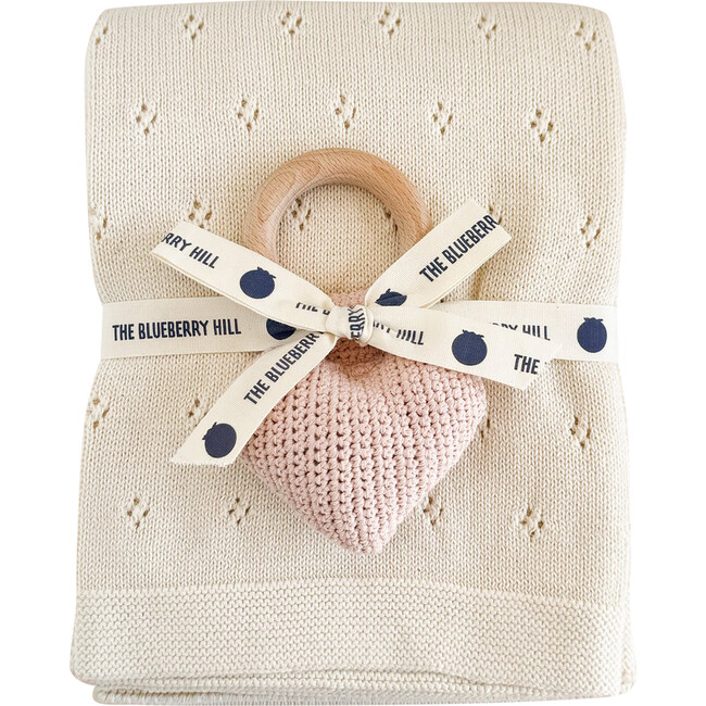 Cream Pique Blanket and Blush Heart Rattle Gift Set