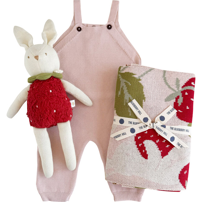 Baby Gift Set Strawberry Blanket Bunny Plush Toy Blush Overall