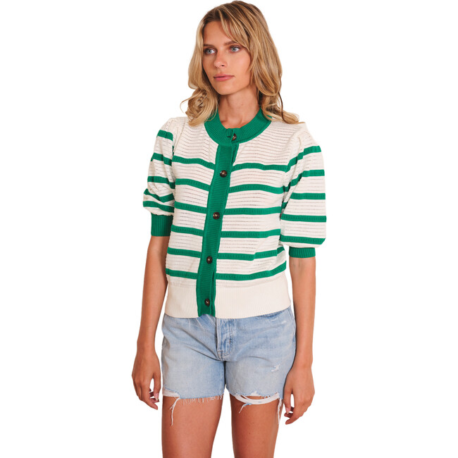 Women's Lecce Striped Short Sleeve Cropped Cardigan, Green & White