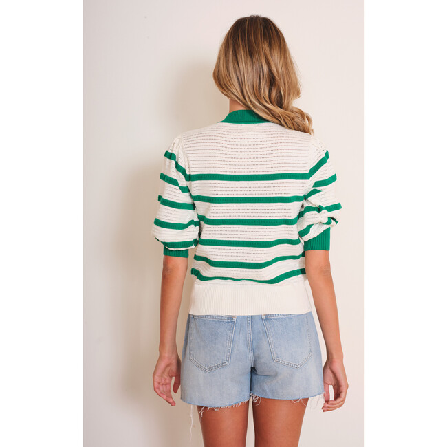 Women's Lecce Striped Short Sleeve Cropped Cardigan, Green & White - Sweaters - 2