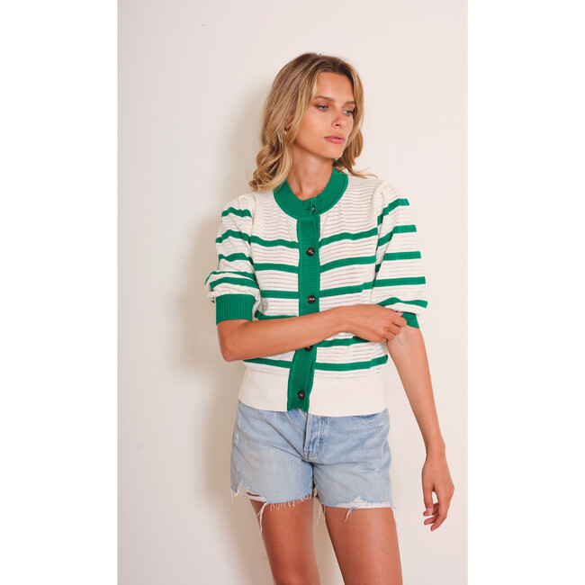 Women's Lecce Striped Short Sleeve Cropped Cardigan, Green & White - Sweaters - 3