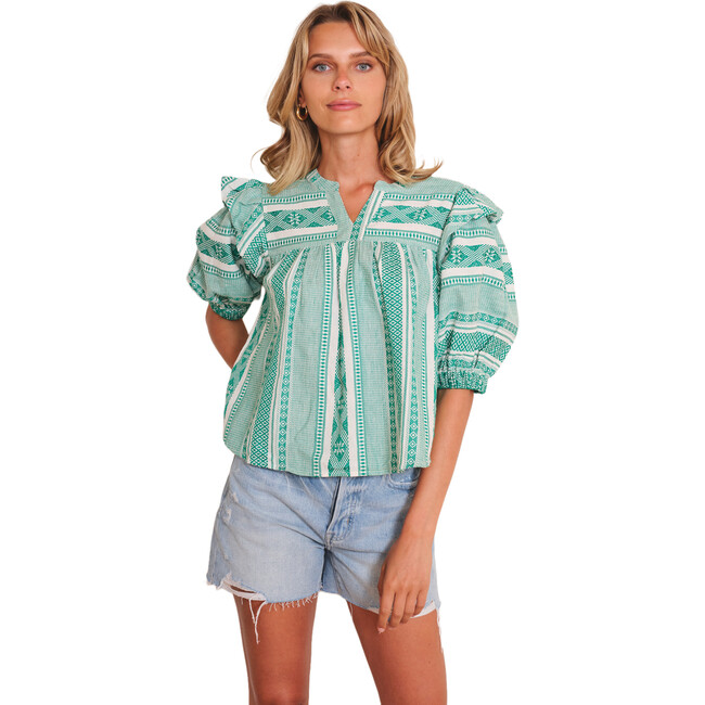 Women's Janice Woven Striped 3-Quarter Ruffle Sleeve, Green