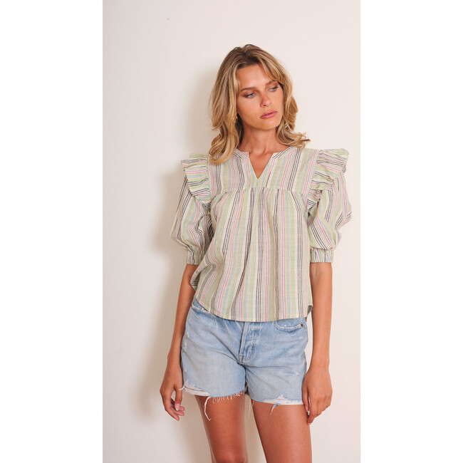 Women's Janice Woven Striped 3-Quarter Ruffle Sleeve, Soft Rainbow - Blouses - 2