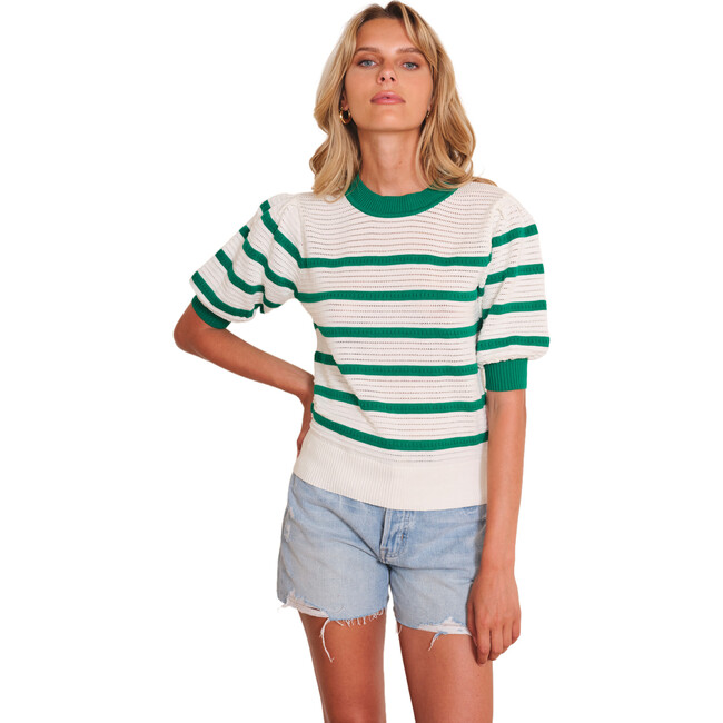 Women's Bari Knit Striped Crew Neck Sweater, Green & White