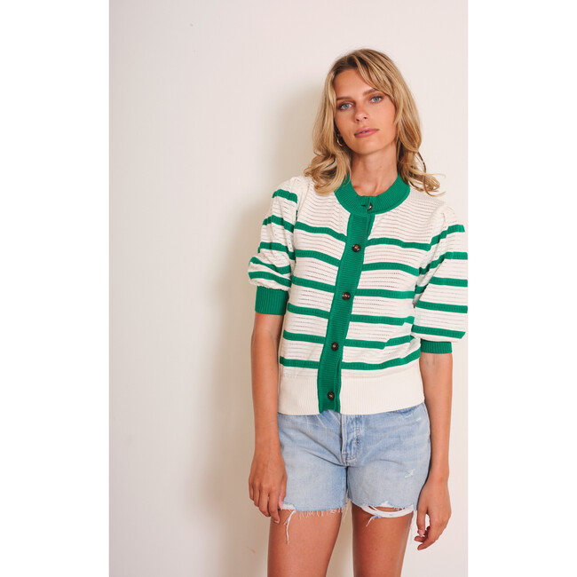 Women's Lecce Striped Short Sleeve Cropped Cardigan, Green & White - Sweaters - 5