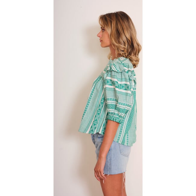 Women's Janice Woven Striped 3-Quarter Ruffle Sleeve, Green - Blouses - 5