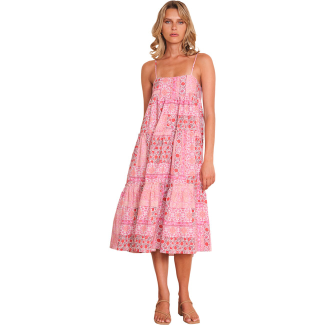 Women's Noelle Print Ruffled Tire Midi Dress, Pink Patchwork