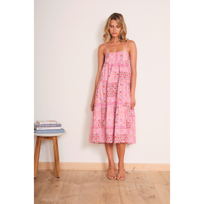 Women's Noelle Print Ruffled Tire Midi Dress, Pink Patchwork - Dresses - 3