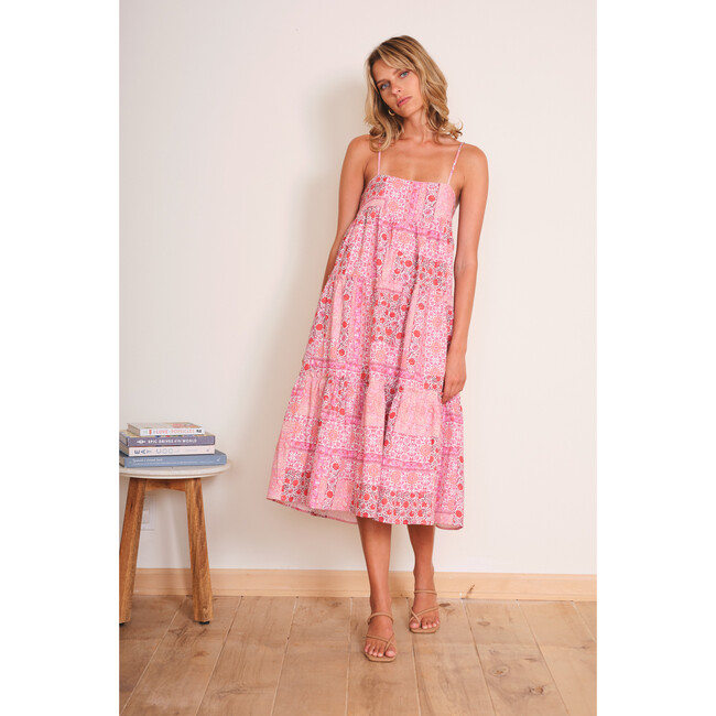 Women's Noelle Print Ruffled Tire Midi Dress, Pink Patchwork - Dresses - 4