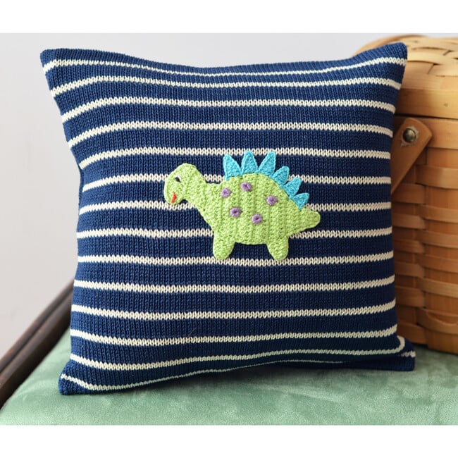 Dinosaur Striped Pillow, Navy - Decorative Pillows - 2